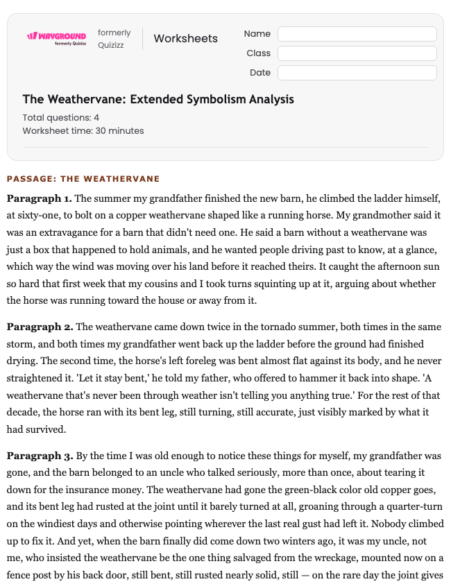 The Weathervane: Extended Symbolism Analysis - Printable Ela Worksheets Class 12 - Wayground