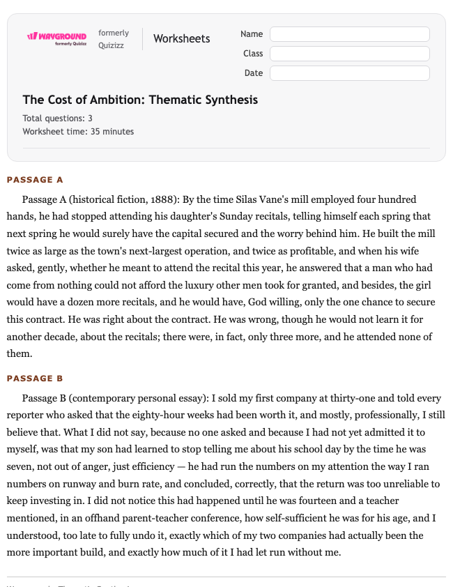 The Cost of Ambition: Thematic Synthesis - Printable Ela Worksheets Class 12 - Wayground