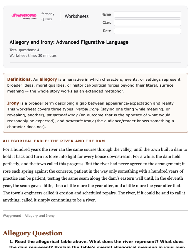 Allegory and Irony: Advanced Figurative Language - Printable Ela Worksheets Class 12 - Wayground