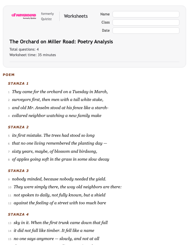 The Orchard on Miller Road: Poetry Analysis - Printable Ela Worksheets Class 12 - Wayground