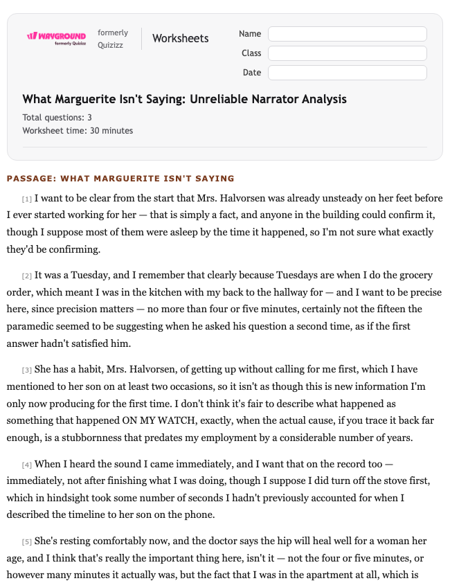 What Marguerite Isn't Saying: Unreliable Narrator Analysis - Printable Ela Worksheets Class 12 - Wayground