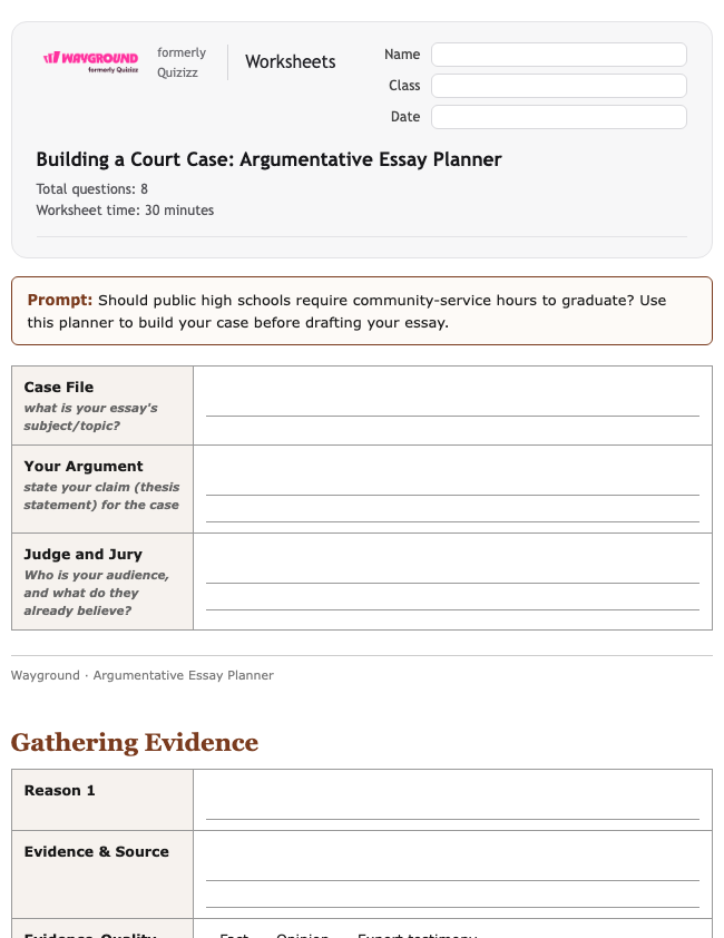 Building a Court Case: Argumentative Essay Planner - Printable Ela Worksheets Class 12 - Wayground