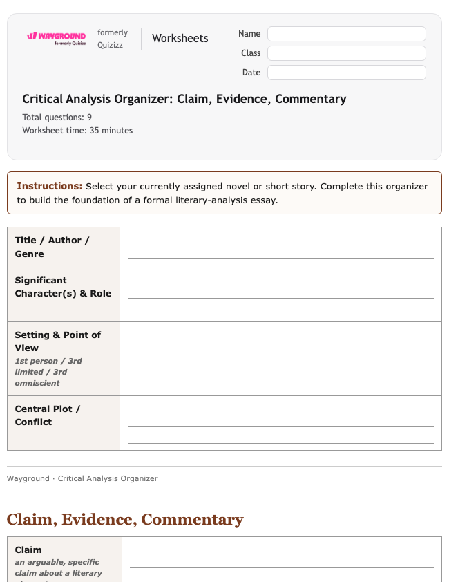Critical Analysis Organizer: Claim, Evidence, Commentary - Printable Ela Worksheets Class 12 - Wayground
