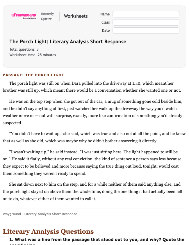 The Porch Light: Literary Analysis Short Response - Printable Ela Worksheets Class 12 - Wayground