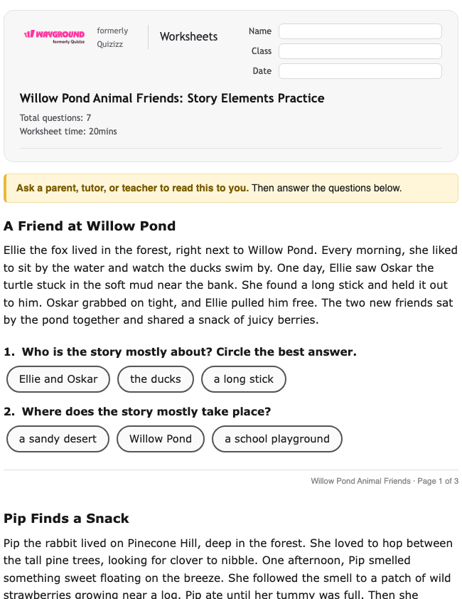 Willow Pond Animal Friends: Story Elements Practice - Imprimible Lengua-y-literatura-inglesas Hojas-de-trabajo Grado 1 - Wayground