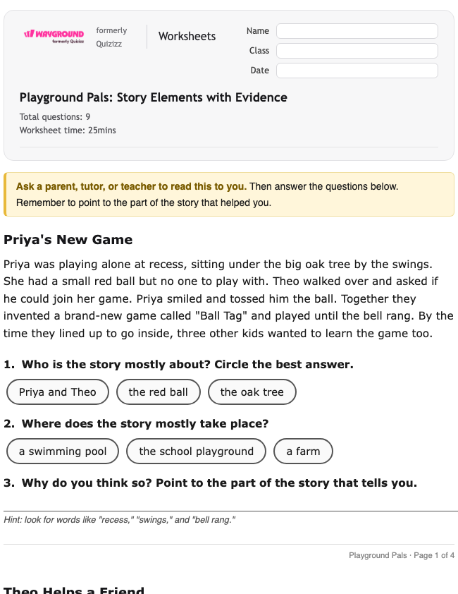 Playground Pals: Story Elements with Evidence - Imprimible Lengua-y-literatura-inglesas Hojas-de-trabajo Grado 1 - Wayground