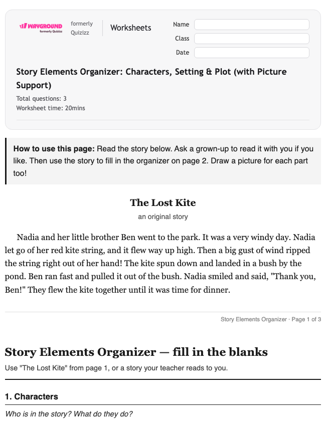 Story Elements Organizer: Characters, Setting & Plot (with Picture Support) - Imprimible Lengua-y-literatura-inglesas Hojas-de-trabajo Grado 1 - Wayground