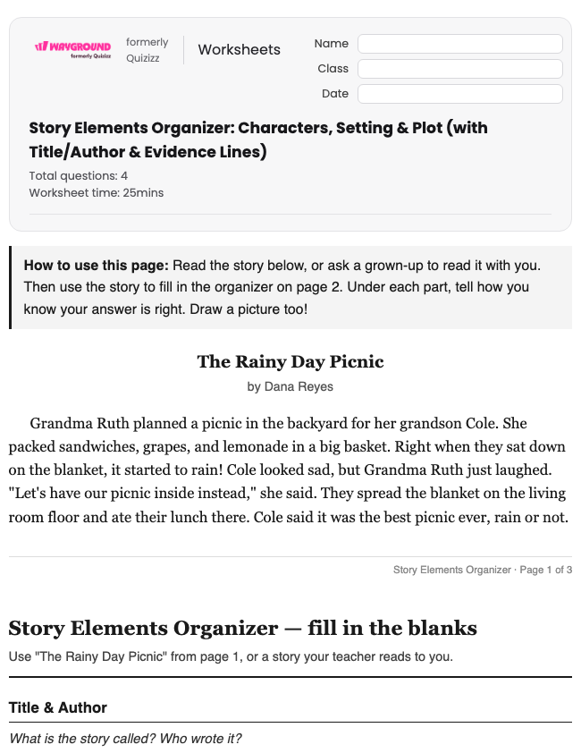 Story Elements Organizer: Characters, Setting & Plot (with Title/Author & Evidence Lines) - Imprimible Lengua-y-literatura-inglesas Hojas-de-trabajo Grado 1 - Wayground