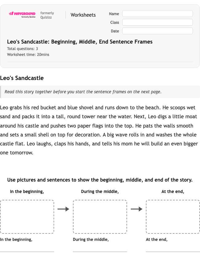 Leo's Sandcastle: Beginning, Middle, End Sentence Frames - Imprimible Lengua-y-literatura-inglesas Hojas-de-trabajo Grado 1 - Wayground