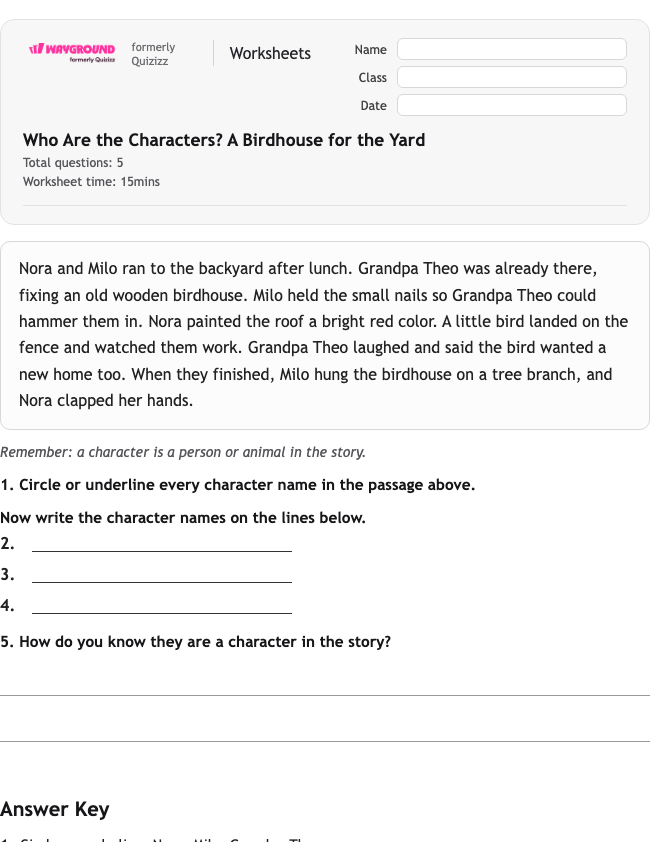 Who Are the Characters? A Birdhouse for the Yard - Imprimible Lengua-y-literatura-inglesas Hojas-de-trabajo Grado 1 - Wayground