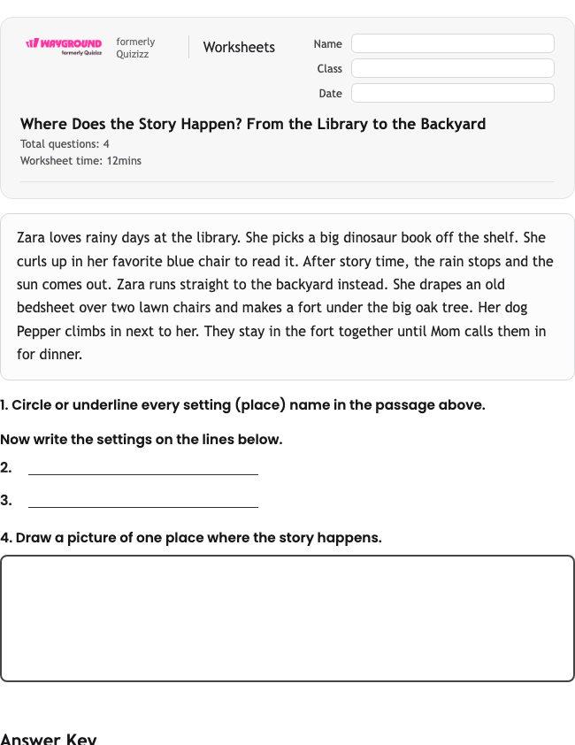 Where Does the Story Happen? From the Library to the Backyard - Imprimible Lengua-y-literatura-inglesas Hojas-de-trabajo Grado 1 - Wayground