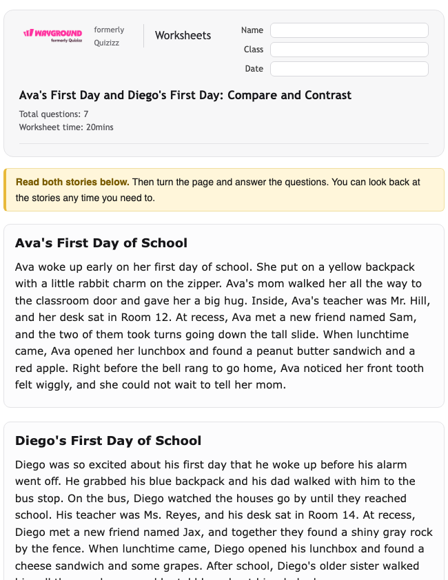 Ava's First Day and Diego's First Day: Compare and Contrast - Imprimible Lengua-y-literatura-inglesas Hojas-de-trabajo Grado 1 - Wayground