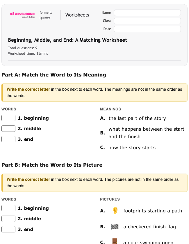 Beginning, Middle, and End: A Matching Worksheet - Imprimible Lengua-y-literatura-inglesas Hojas-de-trabajo Grado 1 - Wayground