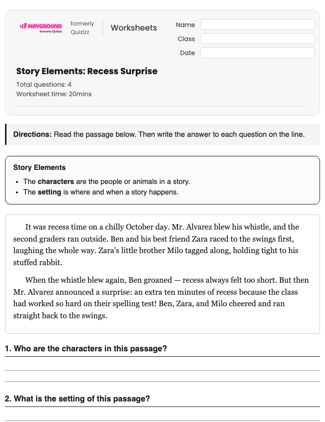 Story Elements: Recess Surprise - Printable Ela Worksheets Grade 2 - Wayground
