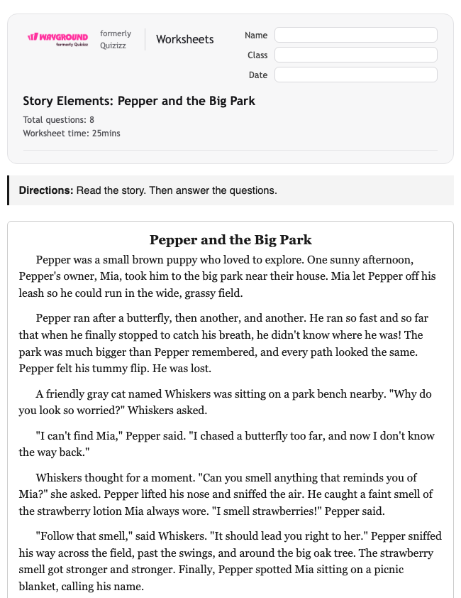 Story Elements: Pepper and the Big Park - Printable Ela Worksheets Grade 2 - Wayground