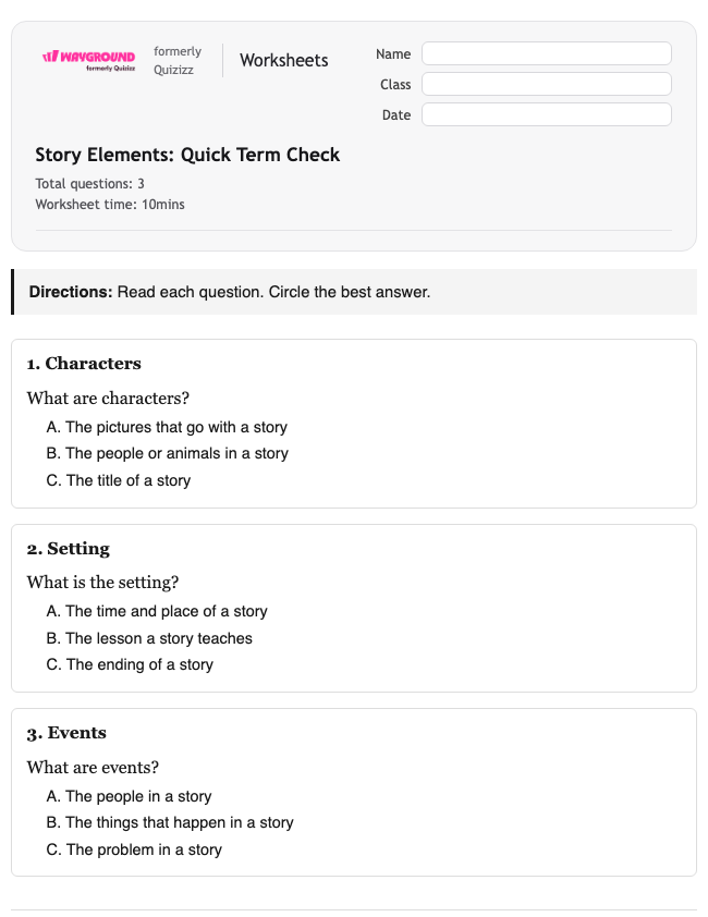 Story Elements: Quick Term Check - Printable Ela Worksheets Grade 2 - Wayground