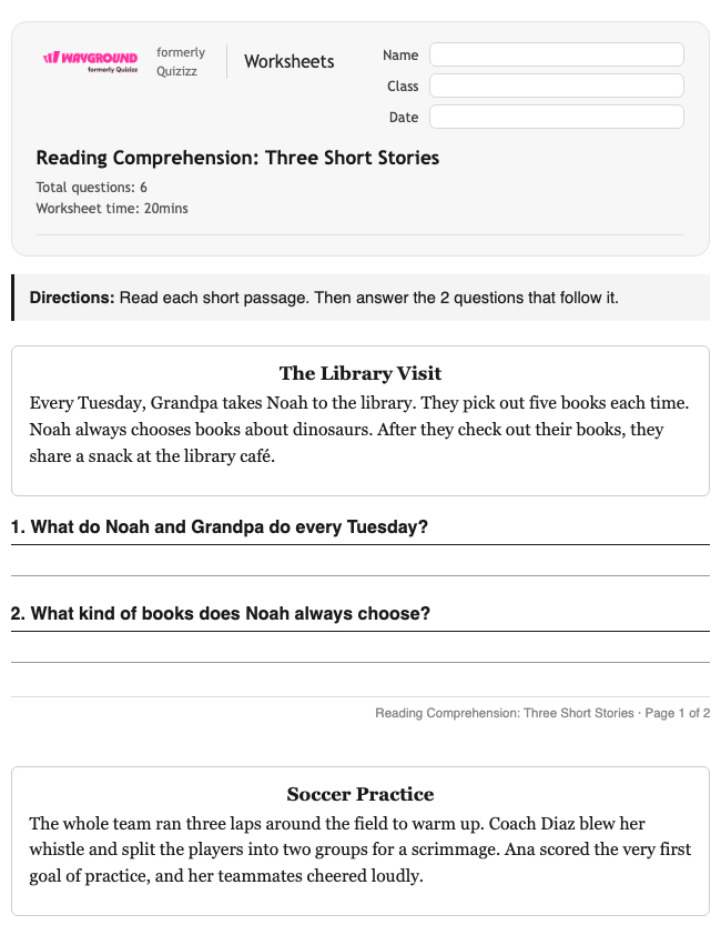 Reading Comprehension: Three Short Stories - Printable Ela Worksheets Grade 2 - Wayground