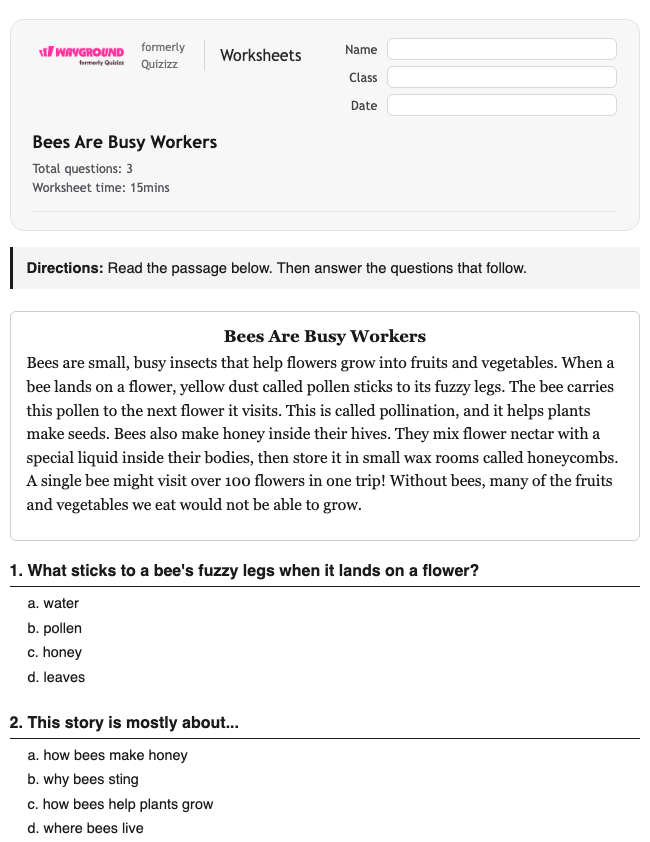 Bees Are Busy Workers - Printable Ela Worksheets Grade 2 - Wayground