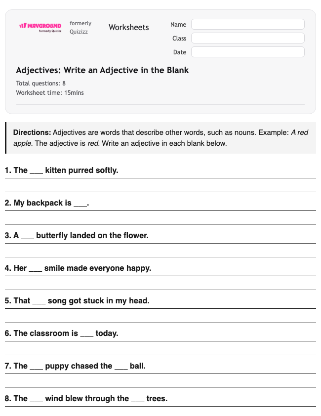 Adjectives: Write an Adjective in the Blank - Printable Ela Worksheets Grade 2 - Wayground