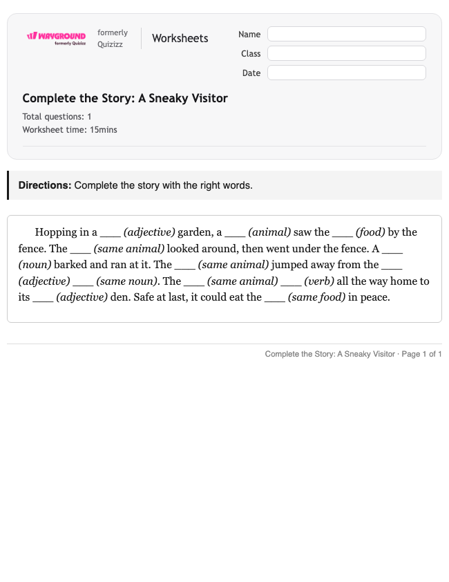 Complete the Story: A Sneaky Visitor - Printable Ela Worksheets Grade 2 - Wayground
