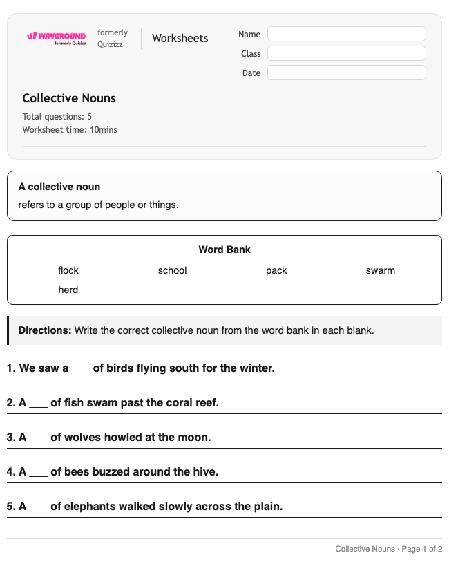 Collective Nouns - Printable Ela Worksheets Grade 2 - Wayground