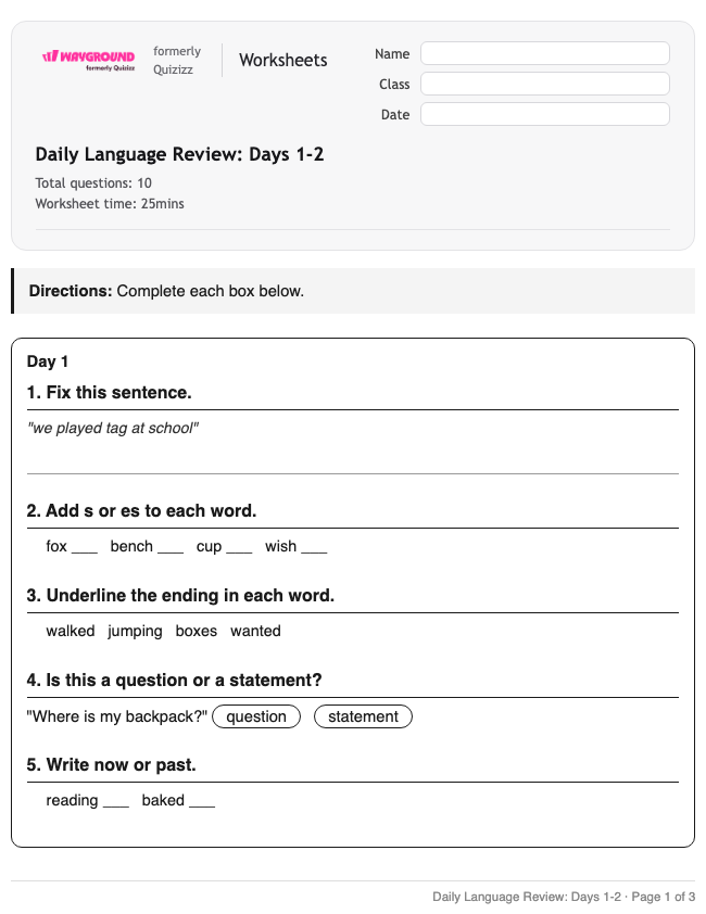 Daily Language Review: Days 1-2 - Printable Ela Worksheets Grade 2 - Wayground