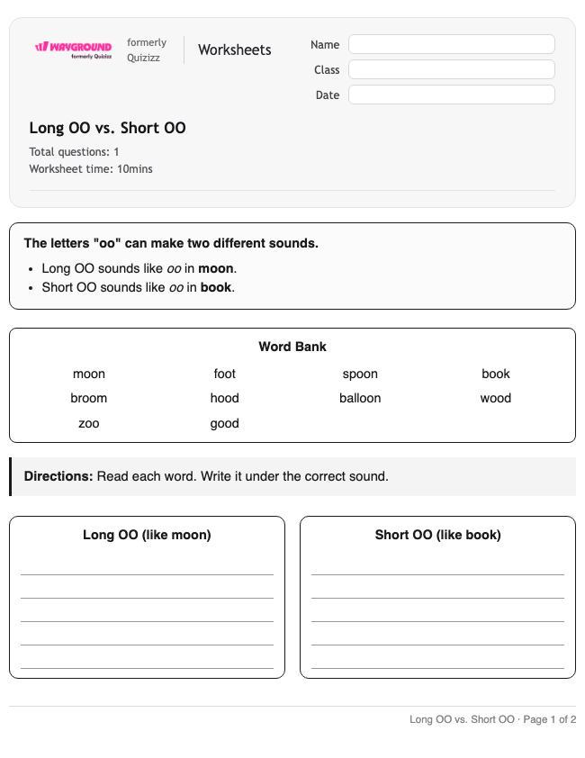 Long OO vs. Short OO - Printable Ela Worksheets Grade 2 - Wayground