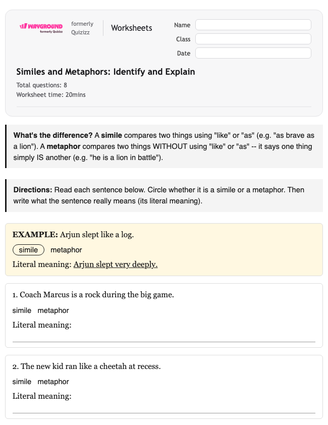 Similes and Metaphors: Identify and Explain - Printable Ela Worksheets Year 3 - Wayground
