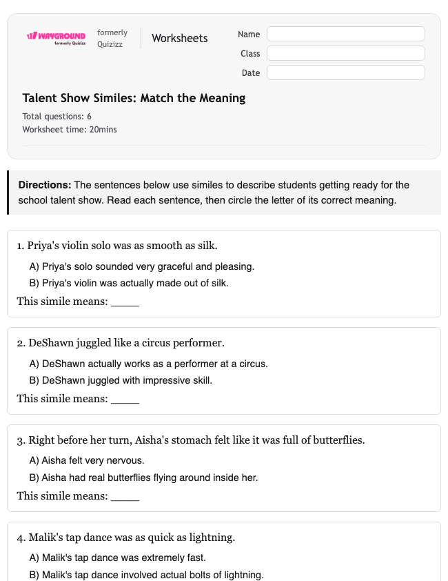 Talent Show Similes: Match the Meaning - Printable Ela Worksheets Year 3 - Wayground