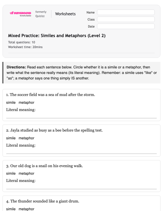 Mixed Practice: Similes and Metaphors (Level 2) - Printable Ela Worksheets Year 3 - Wayground