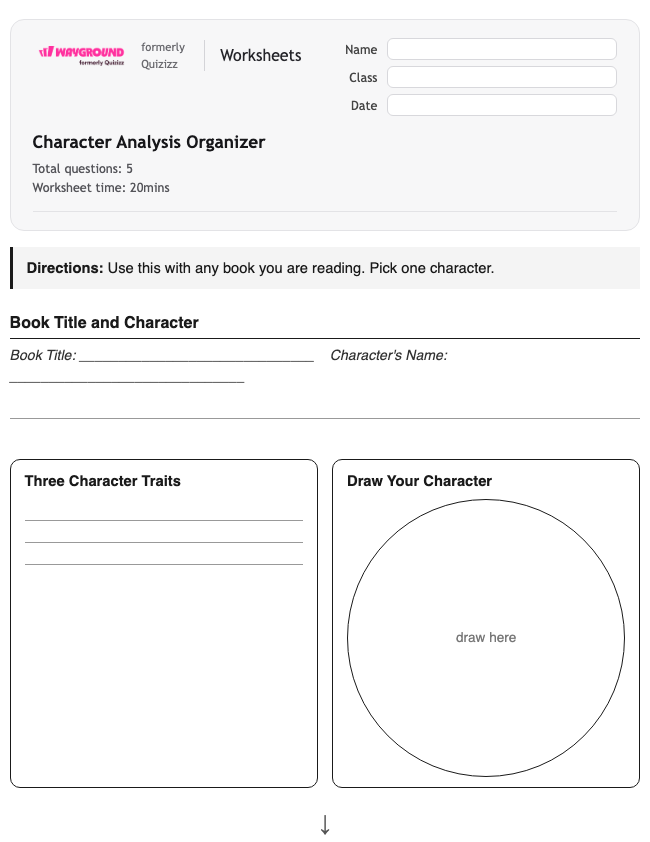 Character Analysis Organizer - Printable Ela Worksheets Year 3 - Wayground