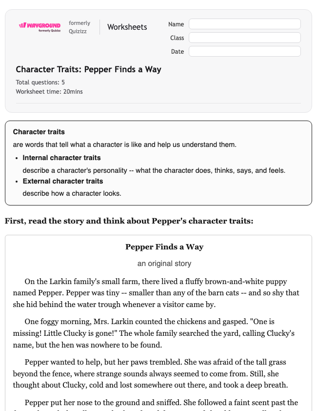 Character Traits: Pepper Finds a Way - Printable Ela Worksheets Year 3 - Wayground