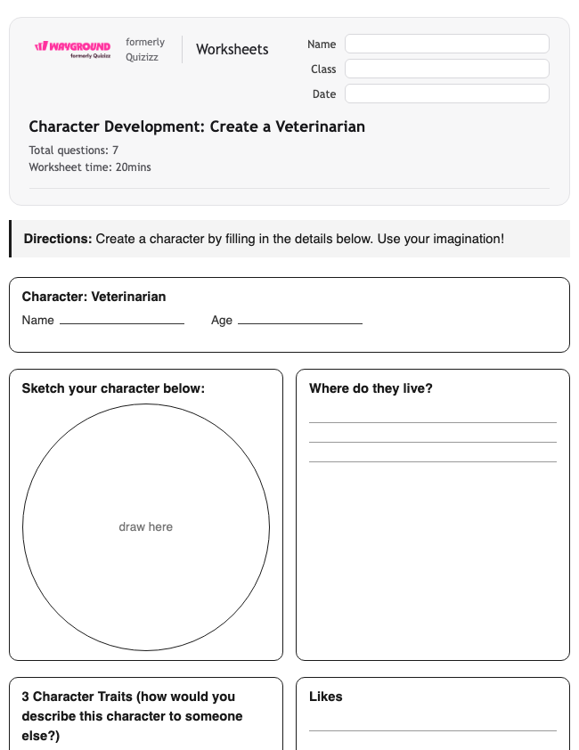 Character Development: Create a Veterinarian - Printable Ela Worksheets Year 3 - Wayground