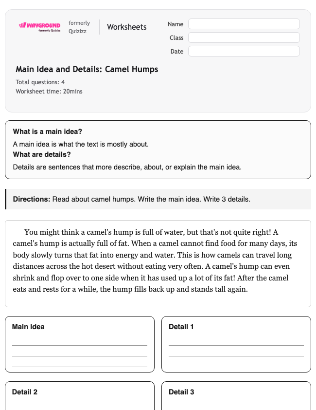 Main Idea and Details: Camel Humps - Printable Ela Worksheets Year 3 - Wayground