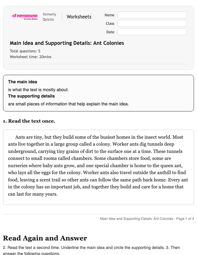 Main Idea and Supporting Details: Ant Colonies - Printable Ela Worksheets Year 3 - Wayground