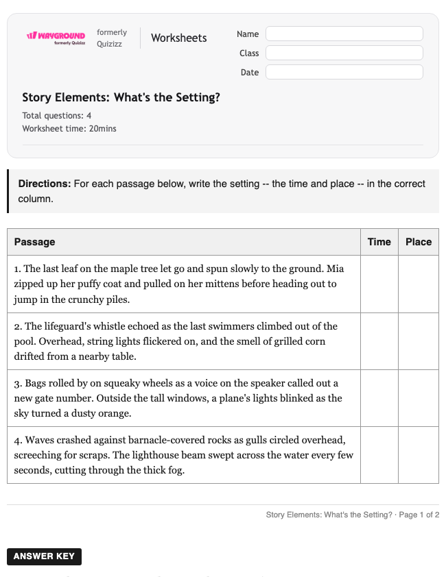 Story Elements: What's the Setting? - Printable Ela Worksheets Year 3 - Wayground