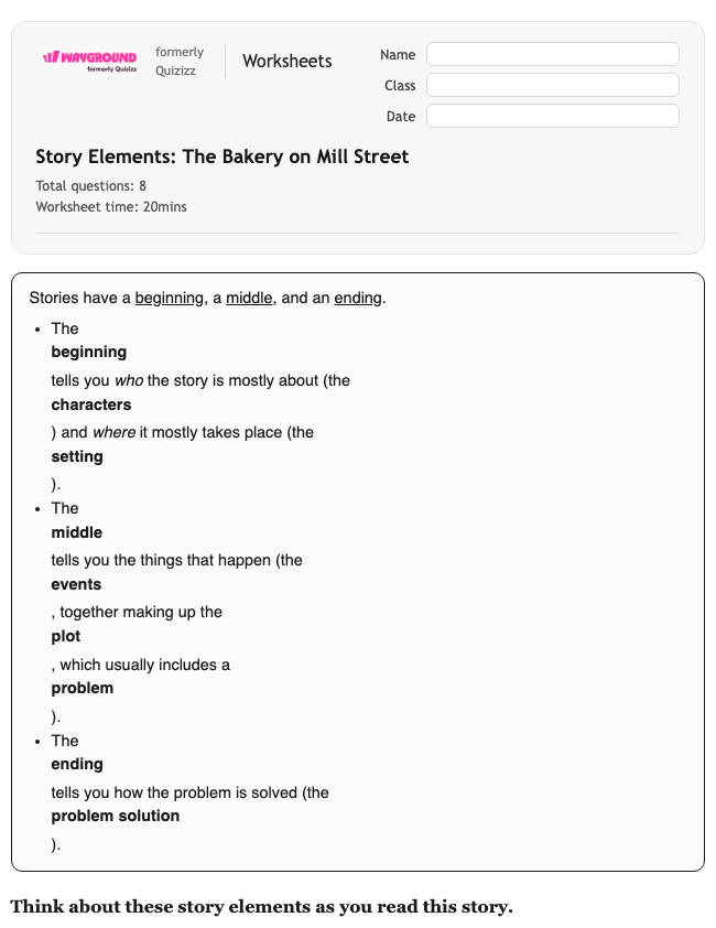 Story Elements: The Bakery on Mill Street - Printable Ela Worksheets Year 3 - Wayground
