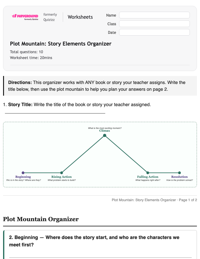 Plot Mountain: Story Elements Organizer - Printable Ela Worksheets Year 4 - Wayground