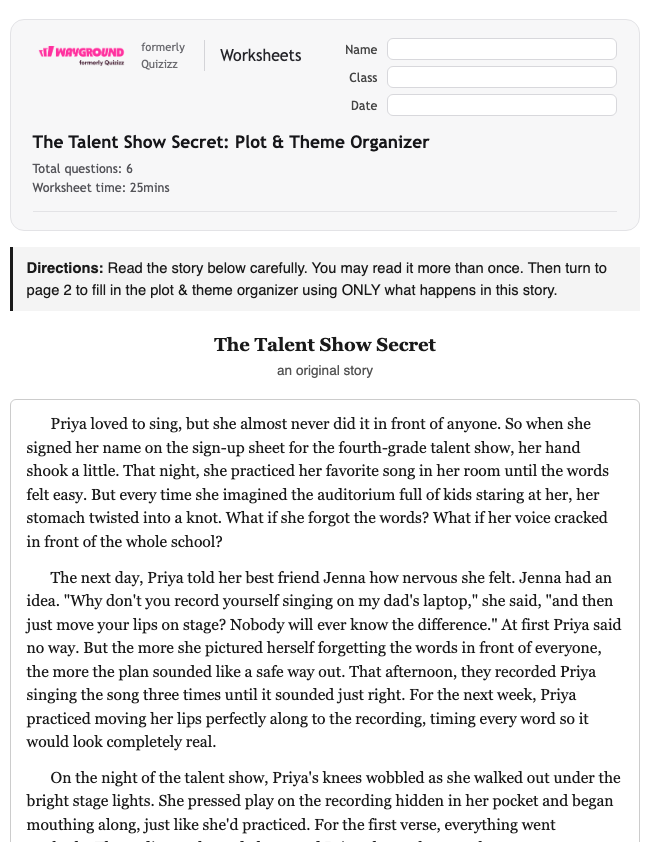 The Talent Show Secret: Plot & Theme Organizer - Printable Ela Worksheets Year 4 - Wayground