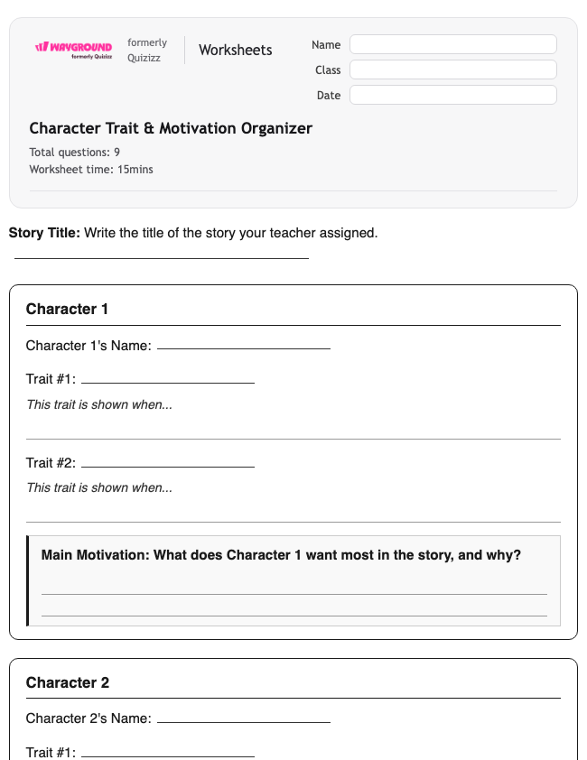 Character Trait & Motivation Organizer - Printable Ela Worksheets Year 4 - Wayground