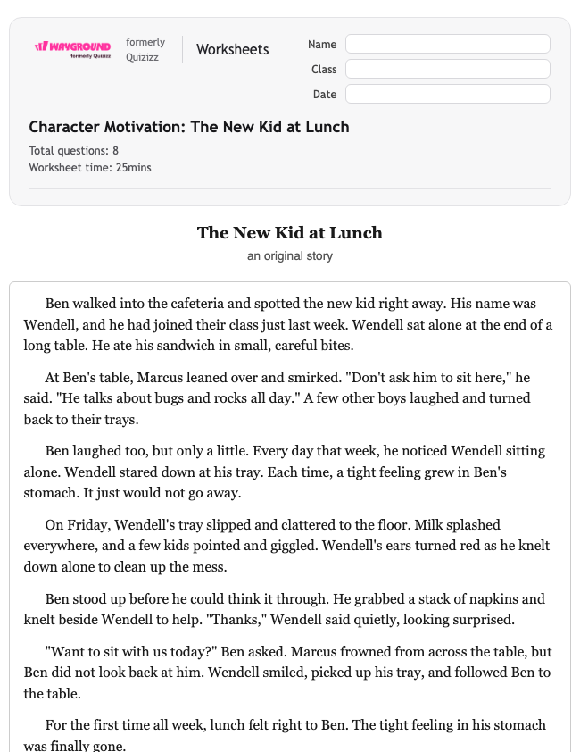 Character Motivation: The New Kid at Lunch - Printable Ela Worksheets Year 4 - Wayground