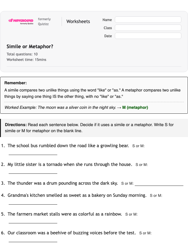 Simile or Metaphor? - Printable Ela Worksheets Year 4 - Wayground