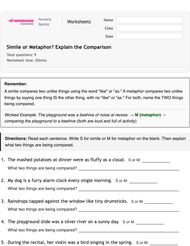 Simile or Metaphor? Explain the Comparison - Printable Ela Worksheets Year 4 - Wayground