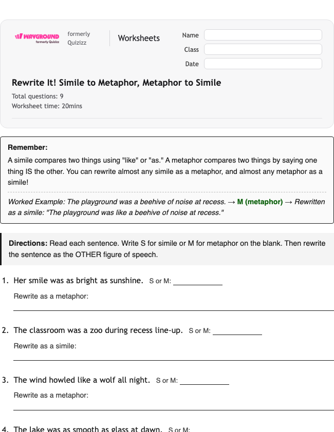 Rewrite It! Simile to Metaphor, Metaphor to Simile - Printable Ela Worksheets Year 4 - Wayground