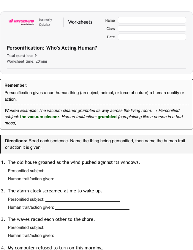 Personification: Who's Acting Human? - Printable Ela Worksheets Year 4 - Wayground