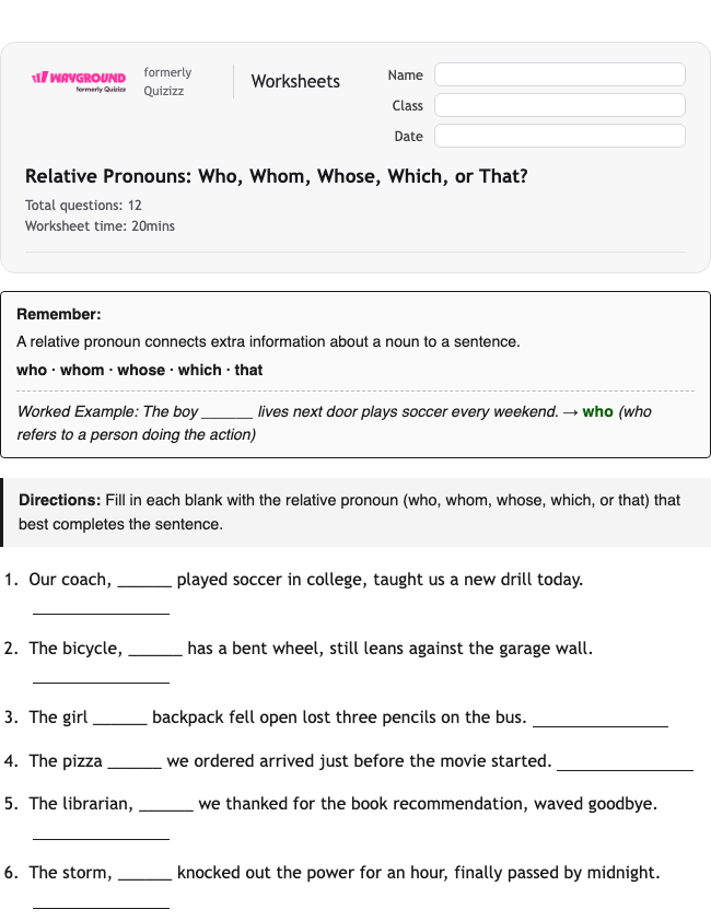 Relative Pronouns: Who, Whom, Whose, Which, or That? - Printable Ela Worksheets Year 4 - Wayground
