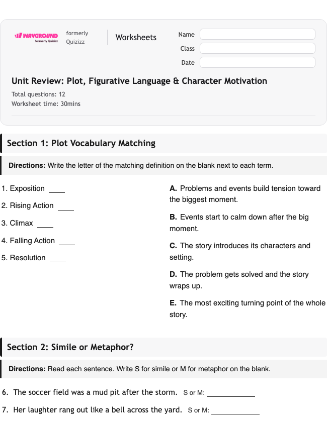 Unit Review: Plot, Figurative Language & Character Motivation - Printable Ela Worksheets Year 4 - Wayground