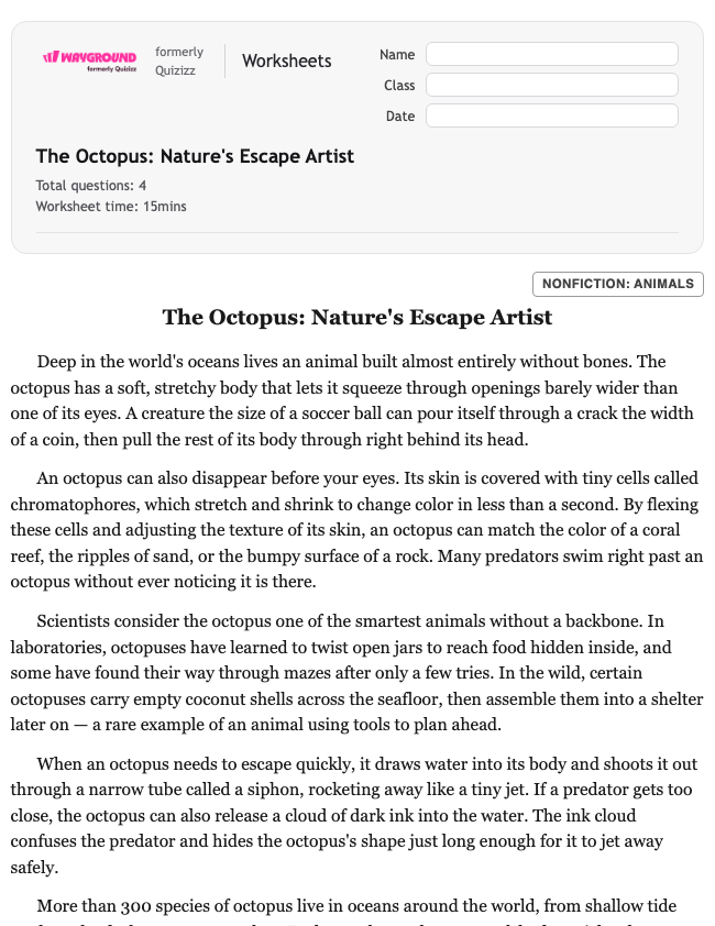 The Octopus: Nature's Escape Artist - Printable Ela Worksheets Year 5 - Wayground