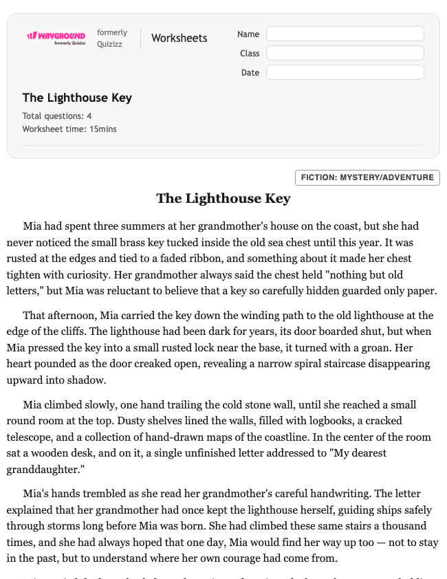 The Lighthouse Key - Printable Ela Worksheets Year 5 - Wayground