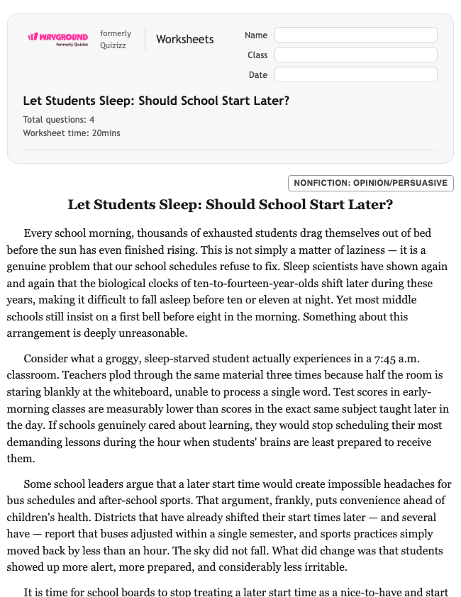 Let Students Sleep: Should School Start Later? - Printable Ela Worksheets Year 5 - Wayground